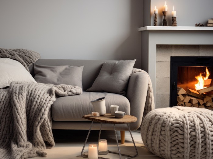 Modern beige-colored sofa with a throw blanket and accent pillows next to a wood-burning fireplace.